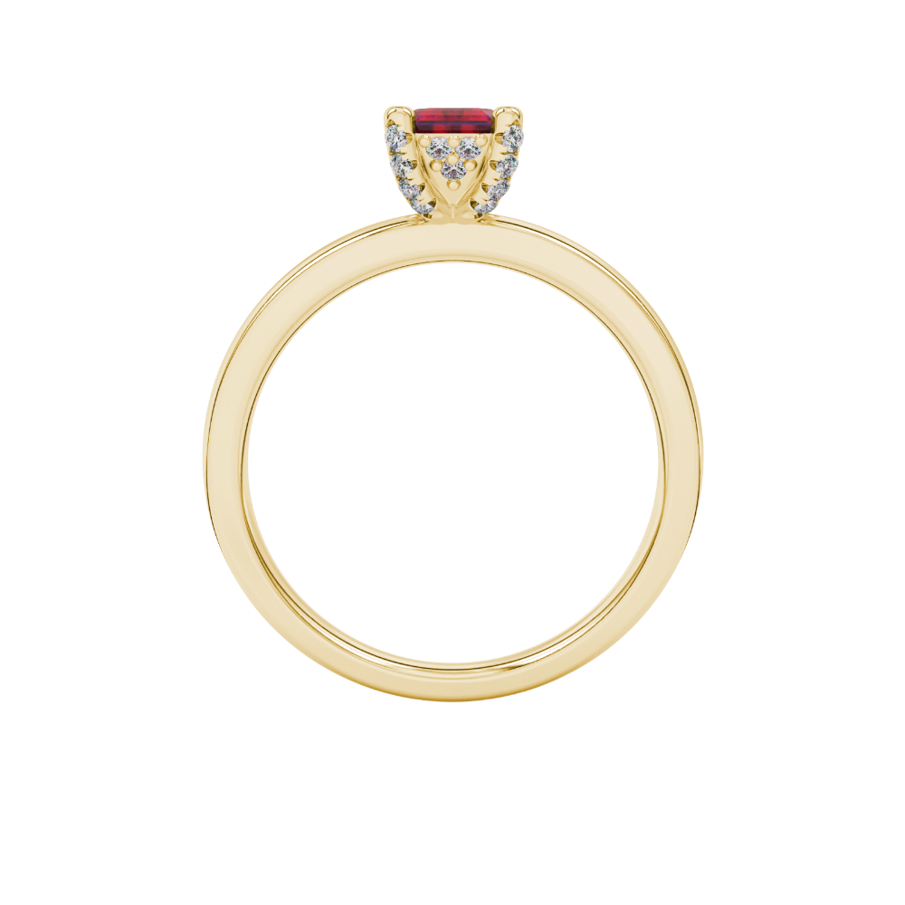 Emerald cut red gemstone halo ring with sparkling round diamond halo in rose gold