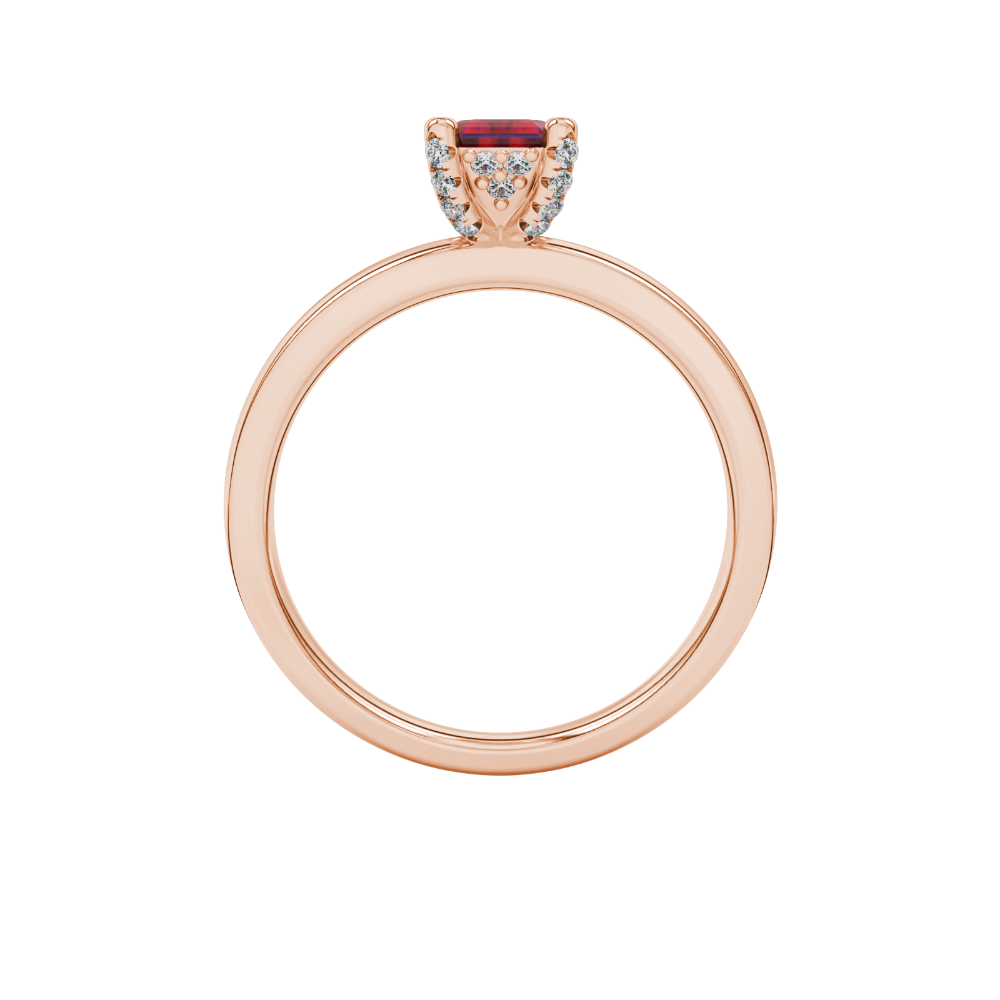 Emerald cut red gemstone halo ring with sparkling round diamond halo in rose gold