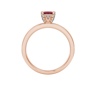 raspberry red emerald cut hidden halo gemstone ring in rose gold