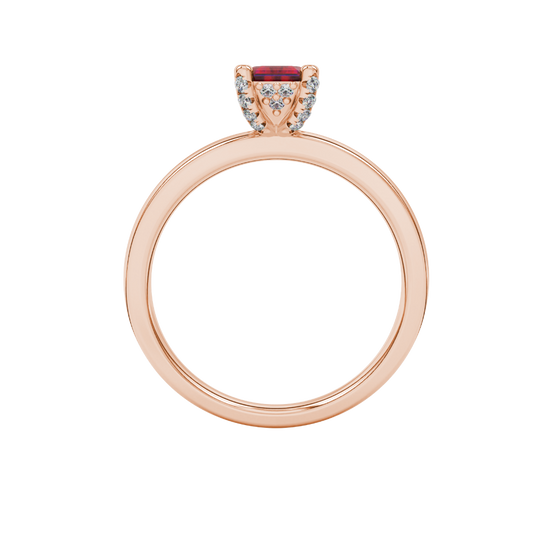 raspberry red emerald cut hidden halo gemstone ring in rose gold