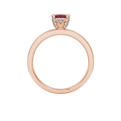 Emerald cut red gemstone halo ring with sparkling round diamond halo in rose gold