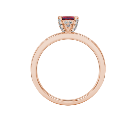 Emerald cut red gemstone halo ring with sparkling round diamond halo in rose gold
