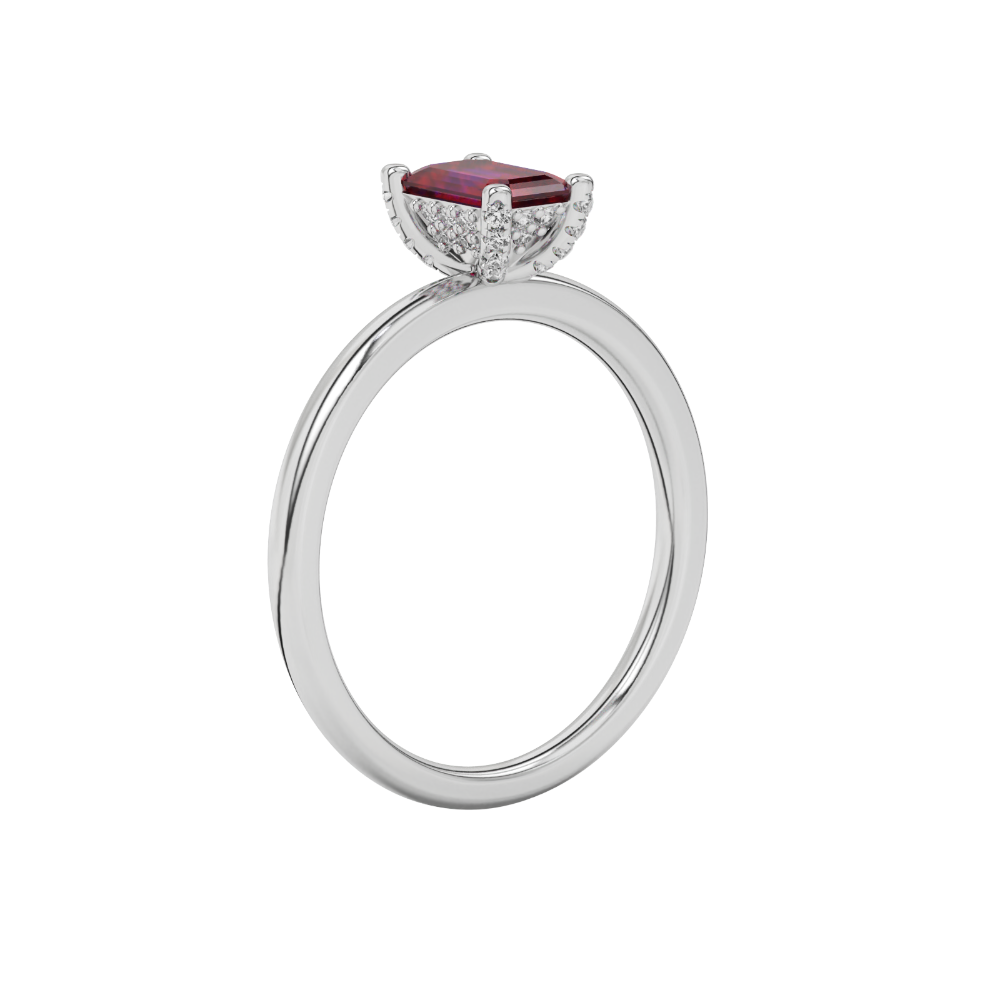 Emerald cut red gemstone halo ring with sparkling round diamond halo in rose gold