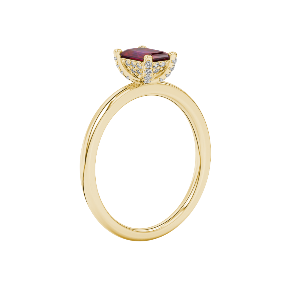 Emerald cut red gemstone halo ring with sparkling round diamond halo in rose gold