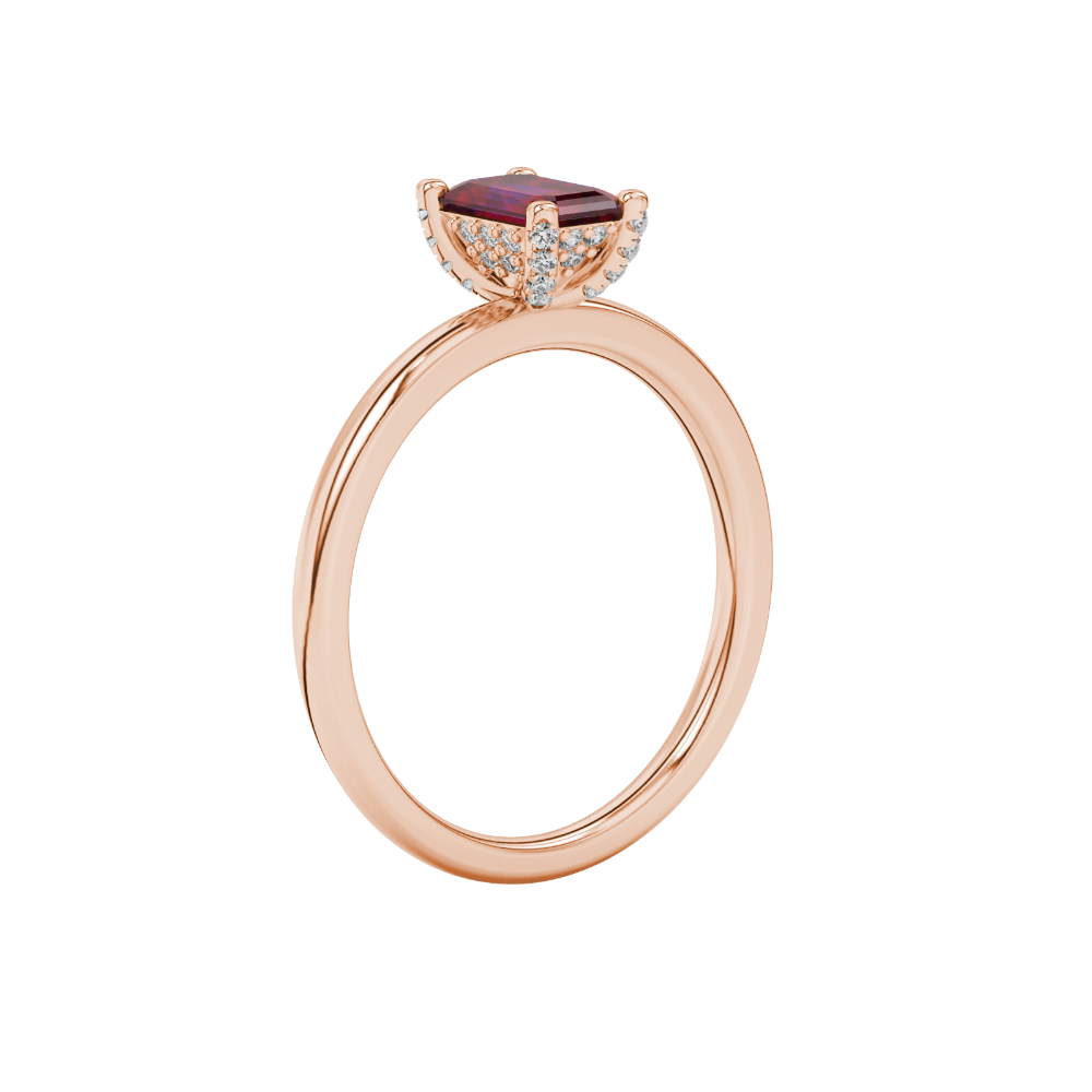 Emerald cut red gemstone halo ring with sparkling round diamond halo in rose gold