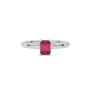 raspberry red emerald cut hidden halo gemstone ring in white gold