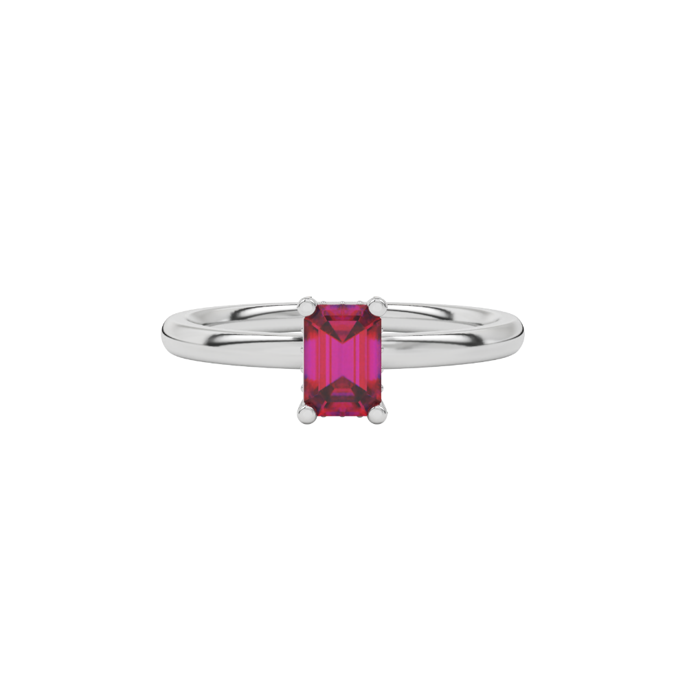 Emerald cut red gemstone halo ring with sparkling round diamond halo in rose gold