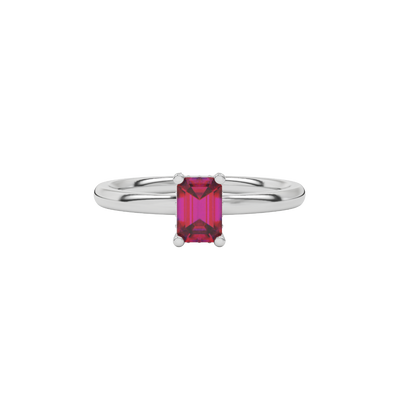 raspberry red emerald cut hidden halo gemstone ring in white gold