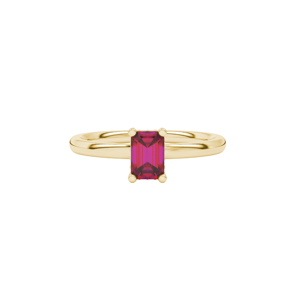 Emerald cut red gemstone halo ring with sparkling round diamond halo in rose gold