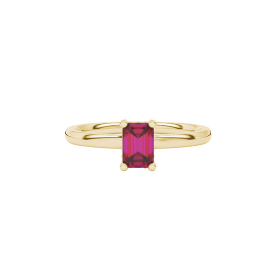 raspberry red emerald cut hidden halo gemstone ring in yellow gold