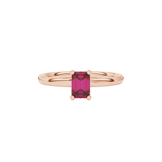 raspberry red emerald cut hidden halo gemstone ring in rose gold