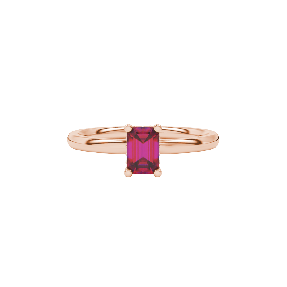 Emerald cut red gemstone halo ring with sparkling round diamond halo in rose gold