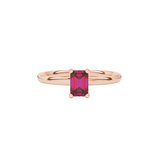 raspberry red emerald cut hidden halo gemstone ring in rose gold