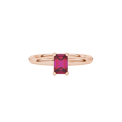 Emerald cut red gemstone halo ring with sparkling round diamond halo in rose gold