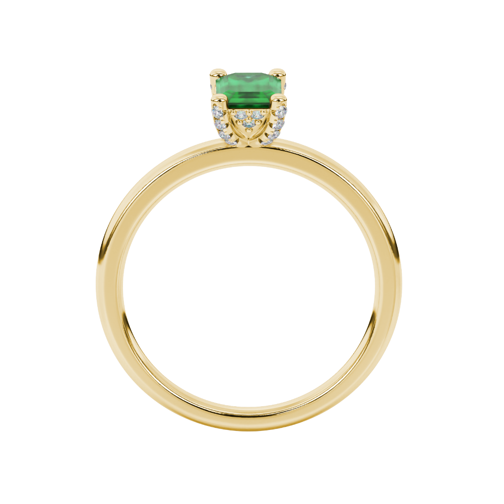 Emerald cut green gemstone halo ring with round lab grown diamond halo in rose gold