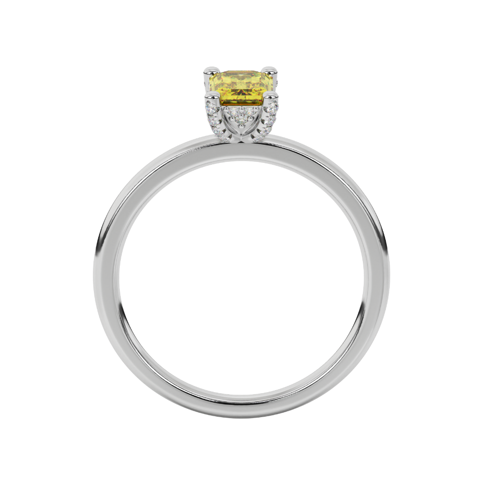 Emerald cut yellow gemstone halo ring with round diamond halo and polished gold band