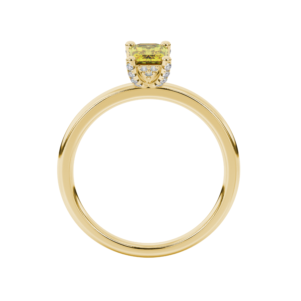Emerald cut yellow gemstone halo ring with round diamond halo and polished gold band