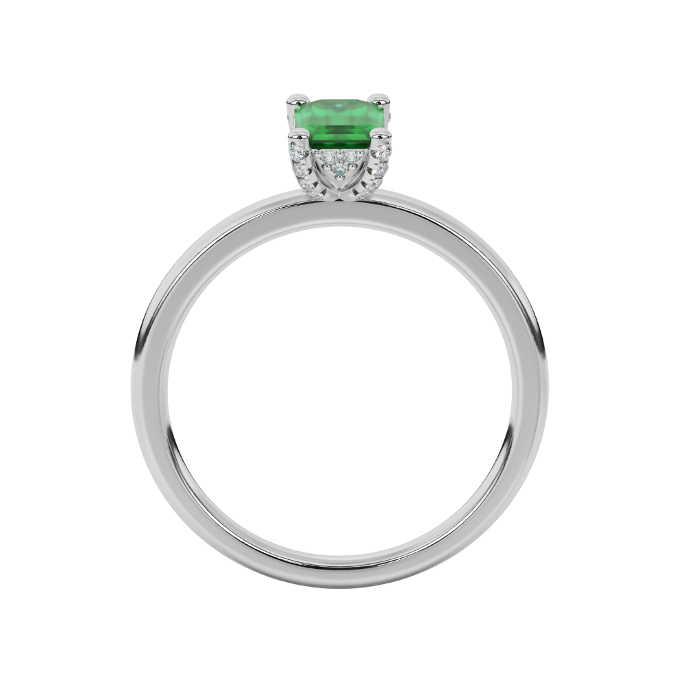 Emerald cut green gemstone halo ring with round lab grown diamond halo in rose gold