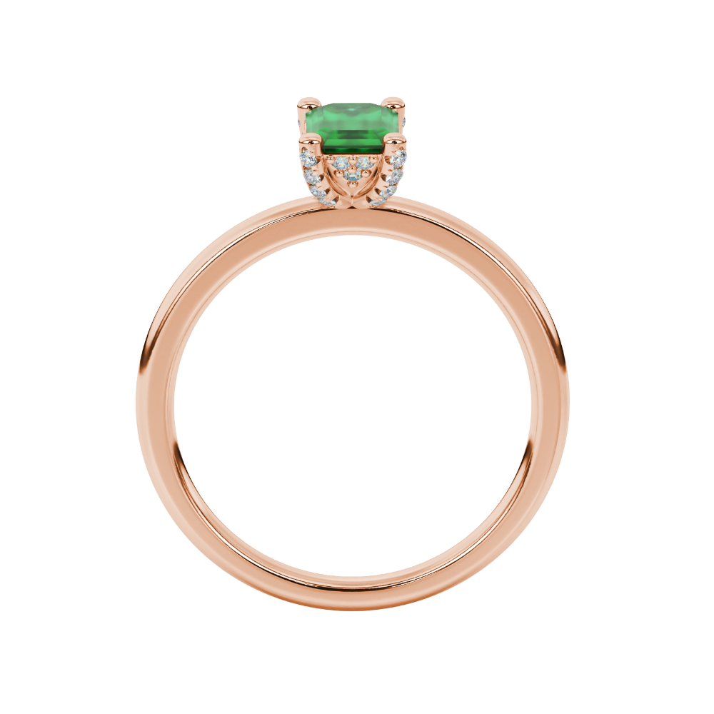 Emerald cut green gemstone halo ring with round lab grown diamond halo in rose gold