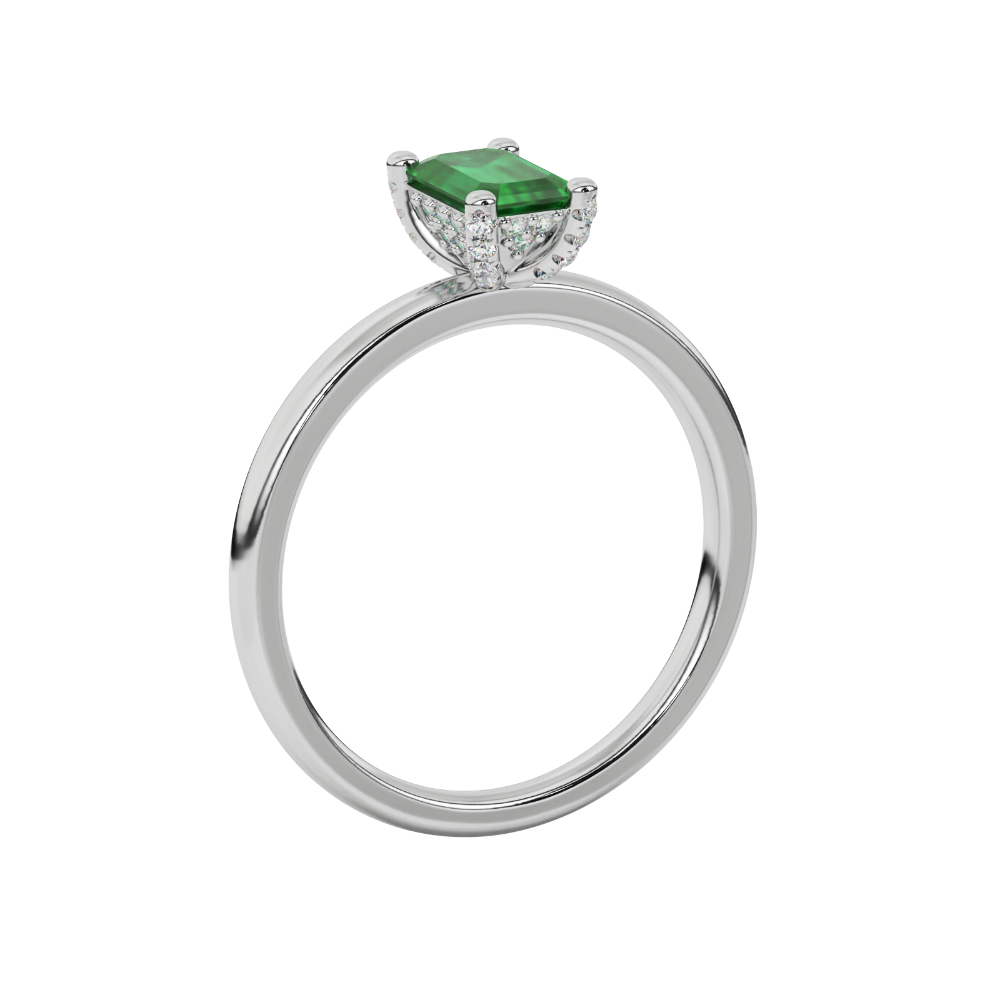 Emerald cut green gemstone halo ring with round lab grown diamond halo in rose gold