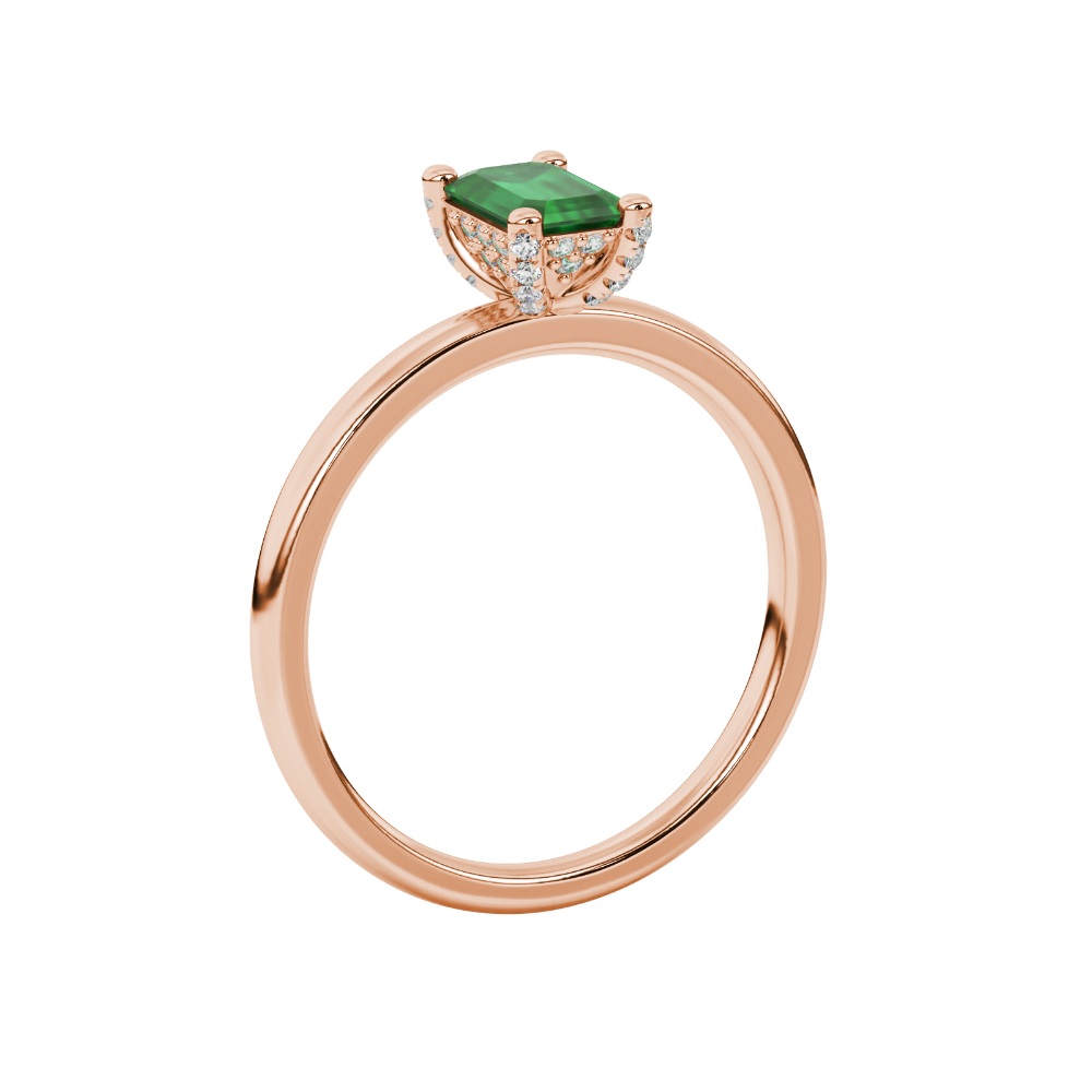 Emerald cut green gemstone halo ring with round lab grown diamond halo in rose gold