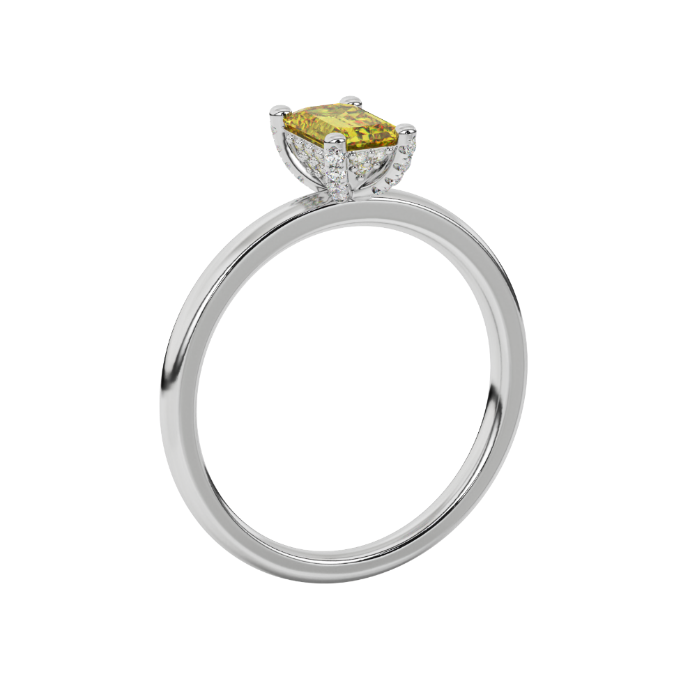 Emerald cut yellow gemstone halo ring with round diamond halo and polished gold band