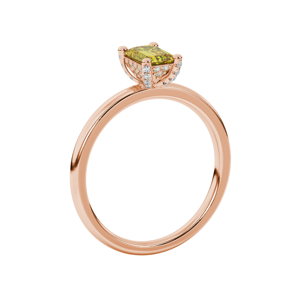 Emerald cut yellow gemstone halo ring with round diamond halo and polished gold band