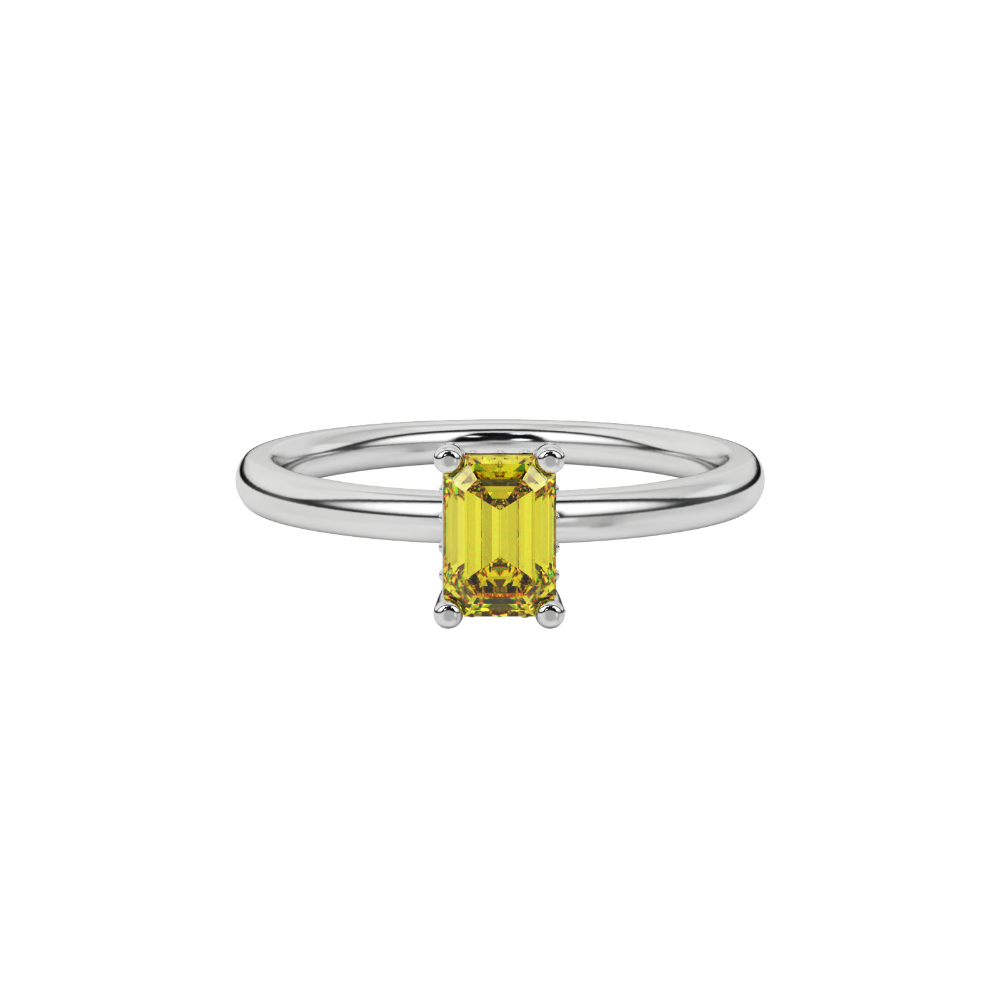 Emerald cut yellow gemstone halo ring with round diamond halo and polished gold band