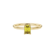 Emerald cut yellow gemstone halo ring with round diamond halo and polished gold band