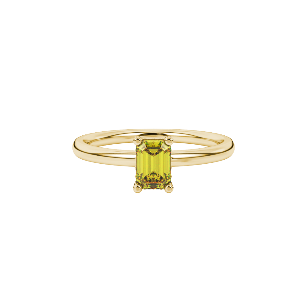 Emerald cut yellow gemstone halo ring with round diamond halo and polished gold band