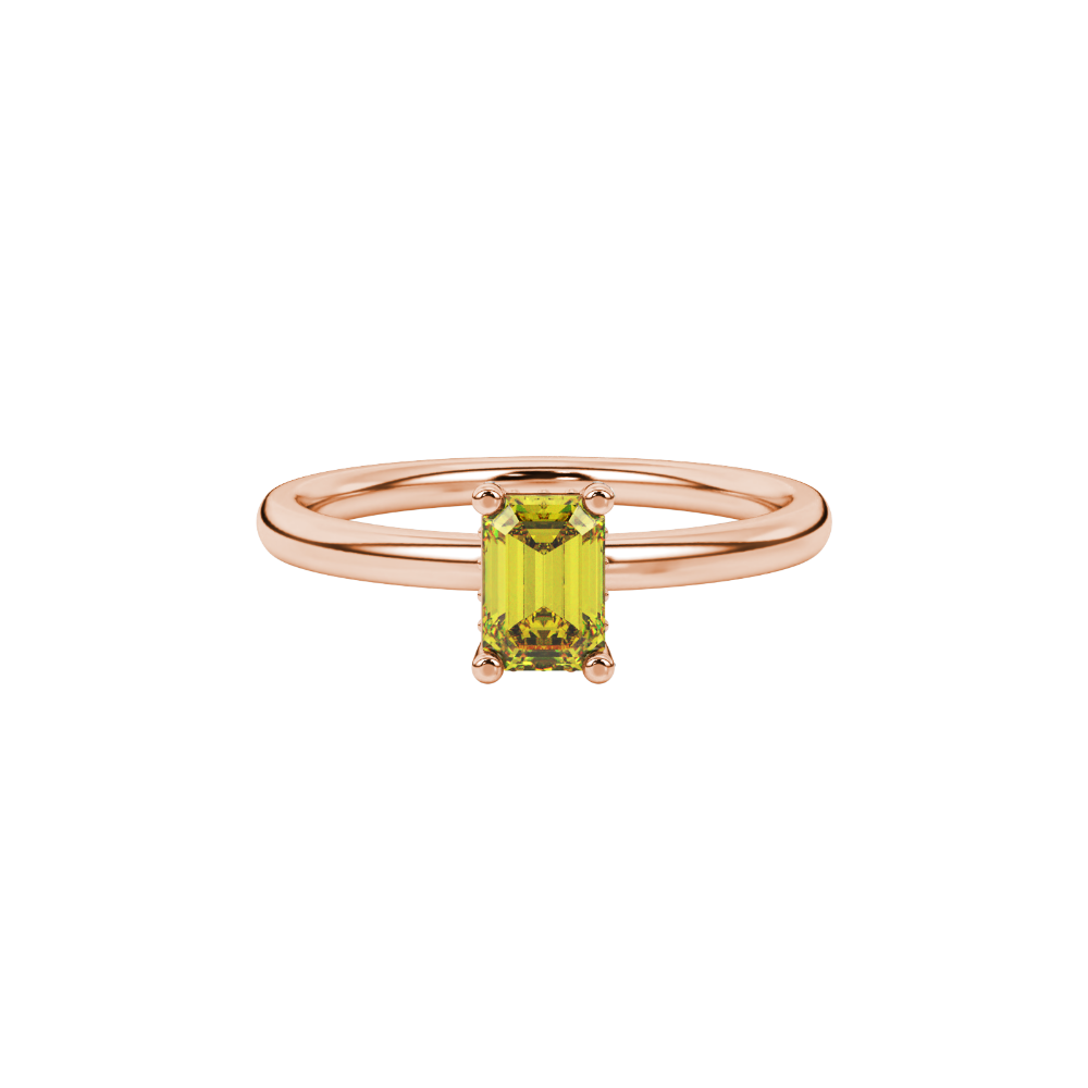 Emerald cut yellow gemstone halo ring with round diamond halo and polished gold band