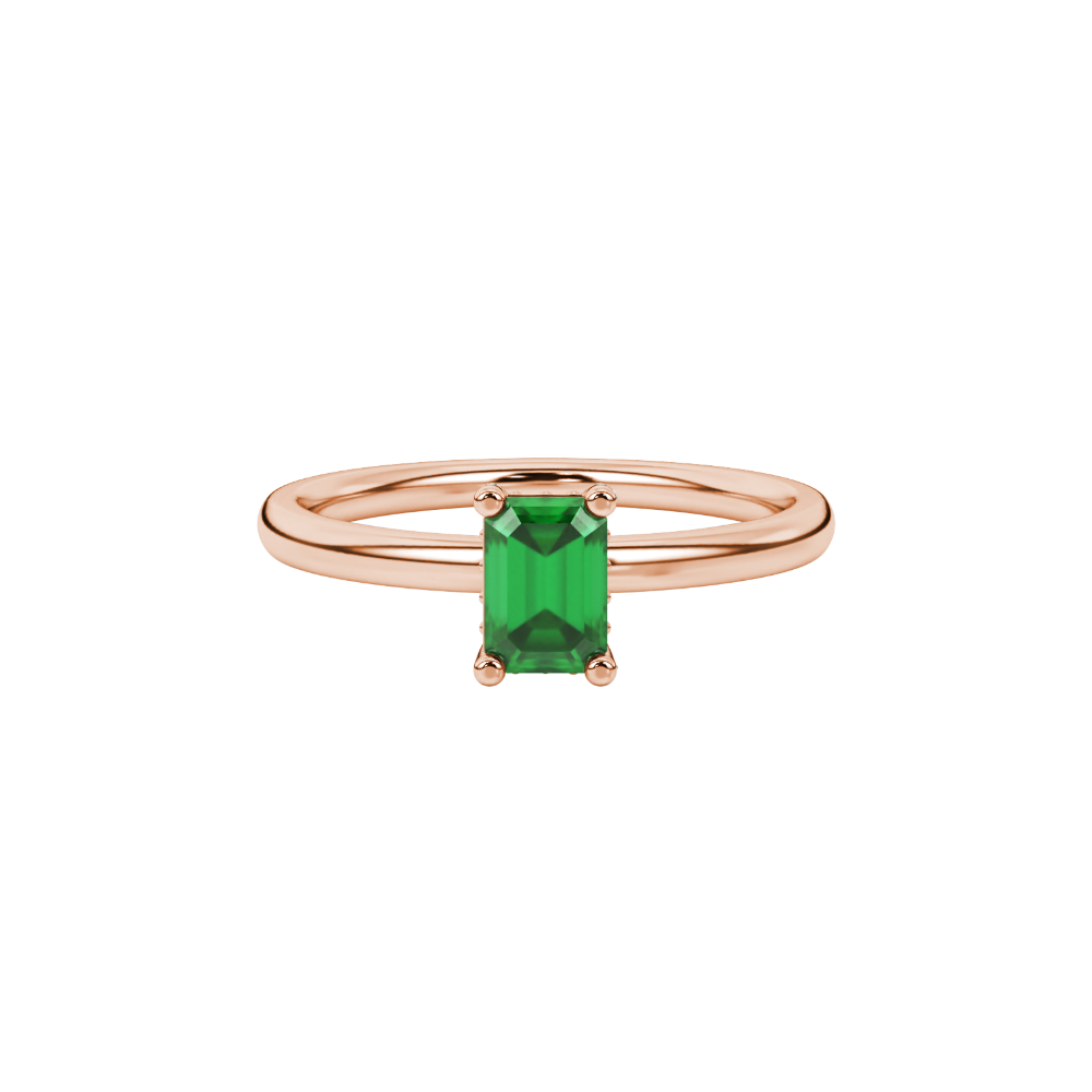 Emerald cut green gemstone halo ring with round lab grown diamond halo in rose gold