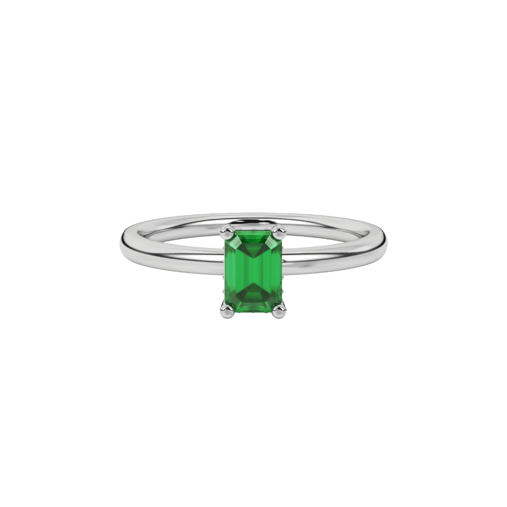 Emerald cut green gemstone halo ring with round lab grown diamond halo in rose gold