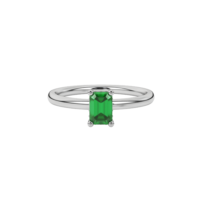 Emerald cut green gemstone halo ring with round lab grown diamond halo in rose gold