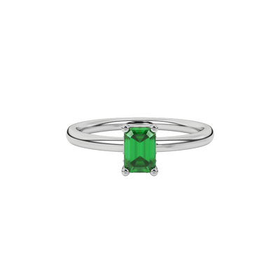 Emerald cut green gemstone halo ring with round lab grown diamond halo in rose gold