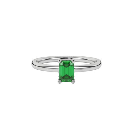 Emerald cut green gemstone halo ring with round lab grown diamond halo in rose gold