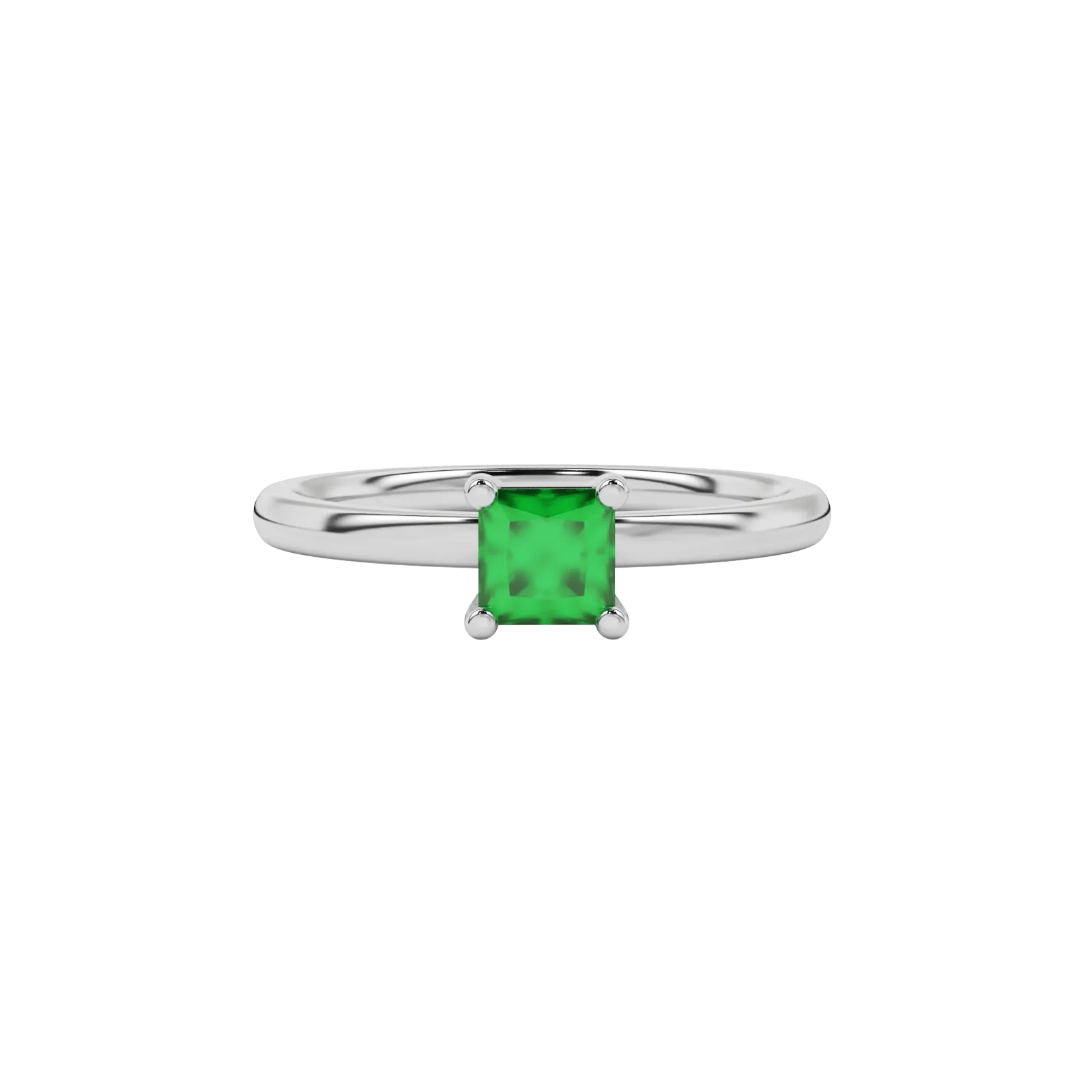 Close-up emerald green gemstone ring, white gold basket setting.