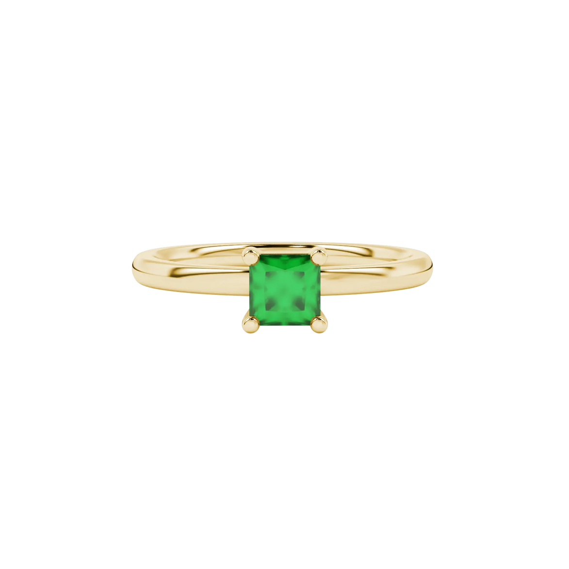 Close-up, princess emerald green gemstone, yellow gold basket ring.
