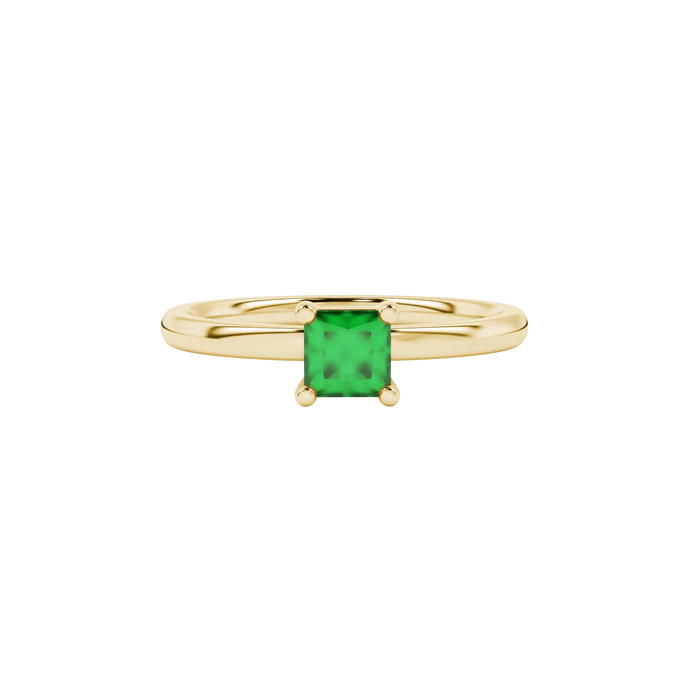 Close-up, princess emerald green gemstone, yellow gold basket ring.