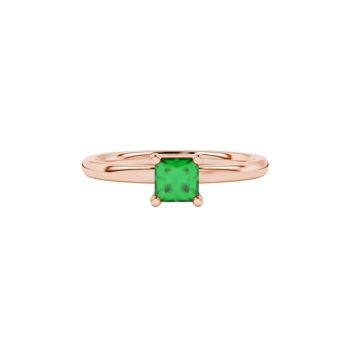 Close-up, princess emerald green gemstone ring, rose gold basket setting.