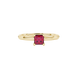 Close-up, princess raspberry red gemstone, yellow gold basket ring.