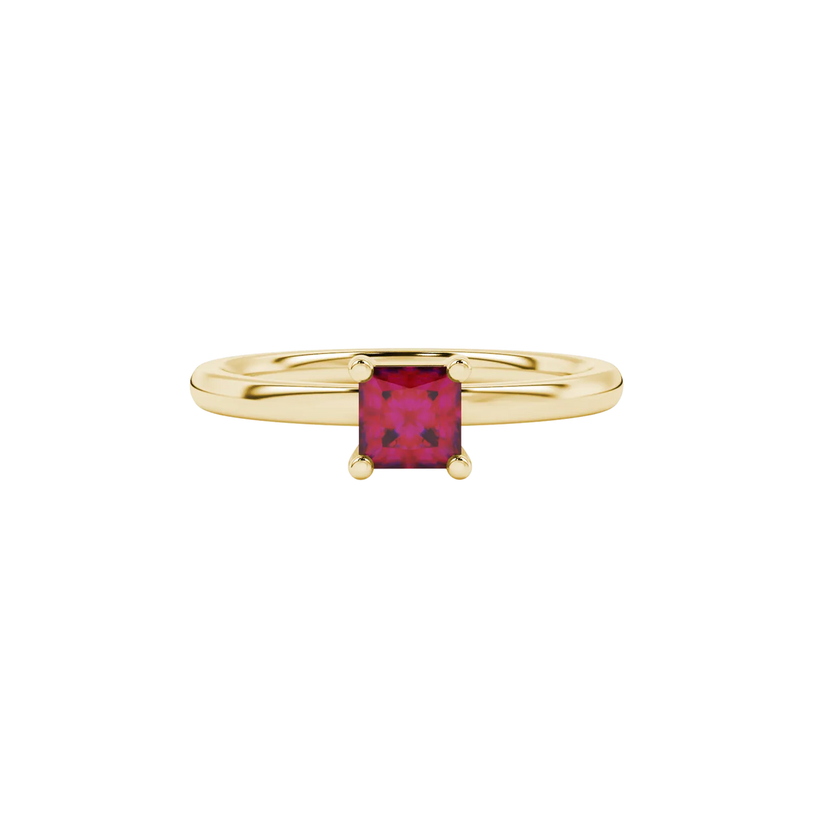 Close-up, princess raspberry red gemstone, yellow gold basket ring.