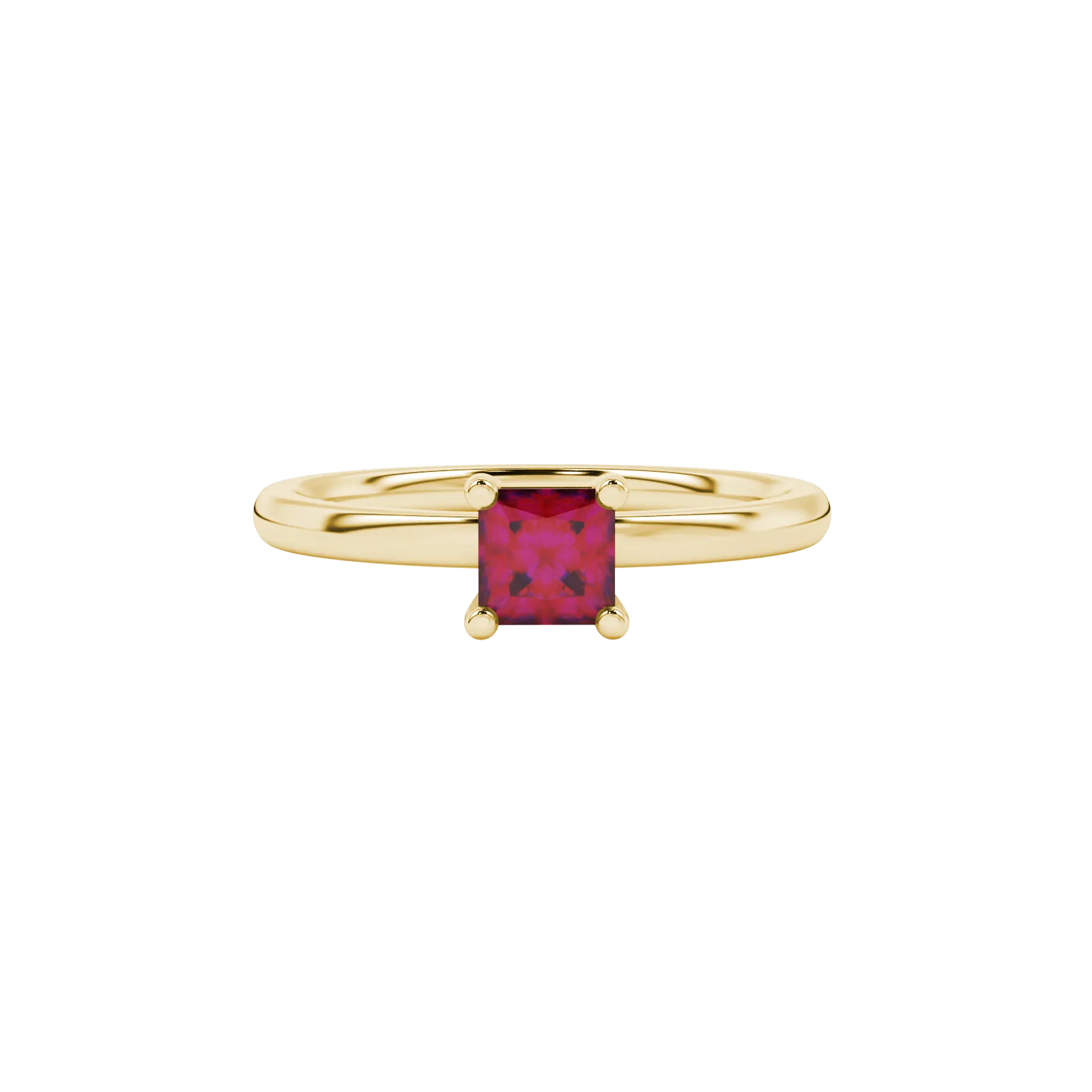 Close-up, princess raspberry red gemstone, yellow gold basket ring.