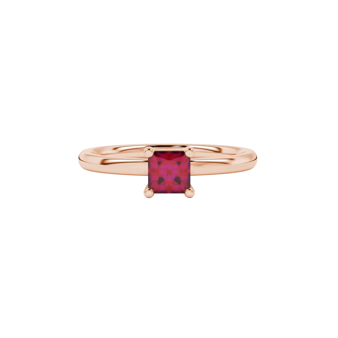 Close-up, princess raspberry red gemstone ring, rose gold basket setting.