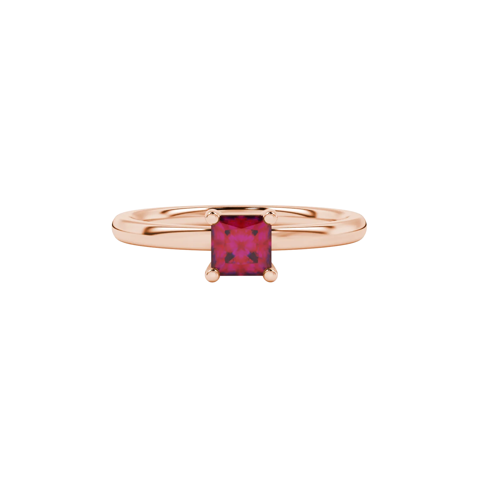 Close-up, princess raspberry red gemstone ring, rose gold basket setting.