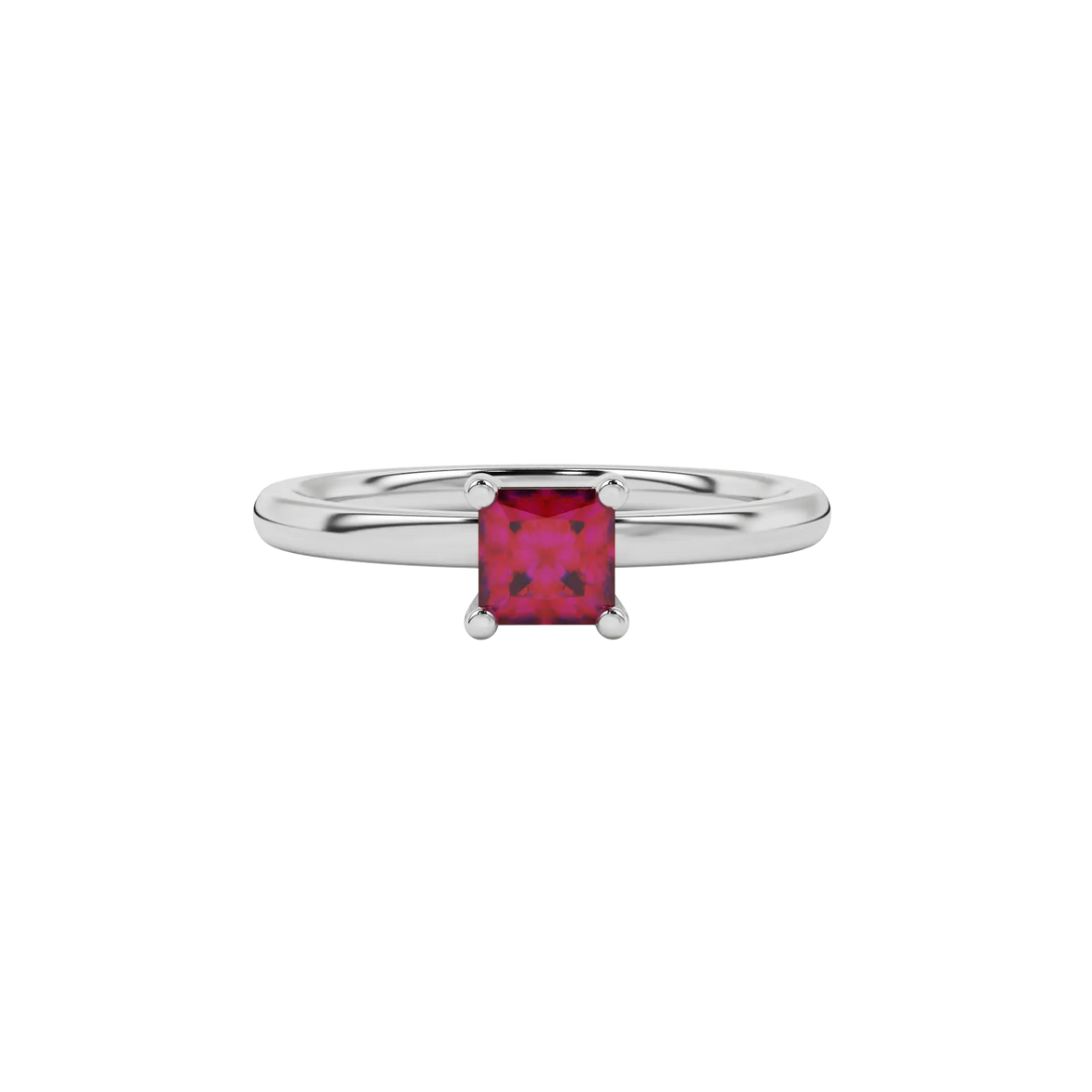 Close-up raspberry red gemstone ring, white gold basket setting.