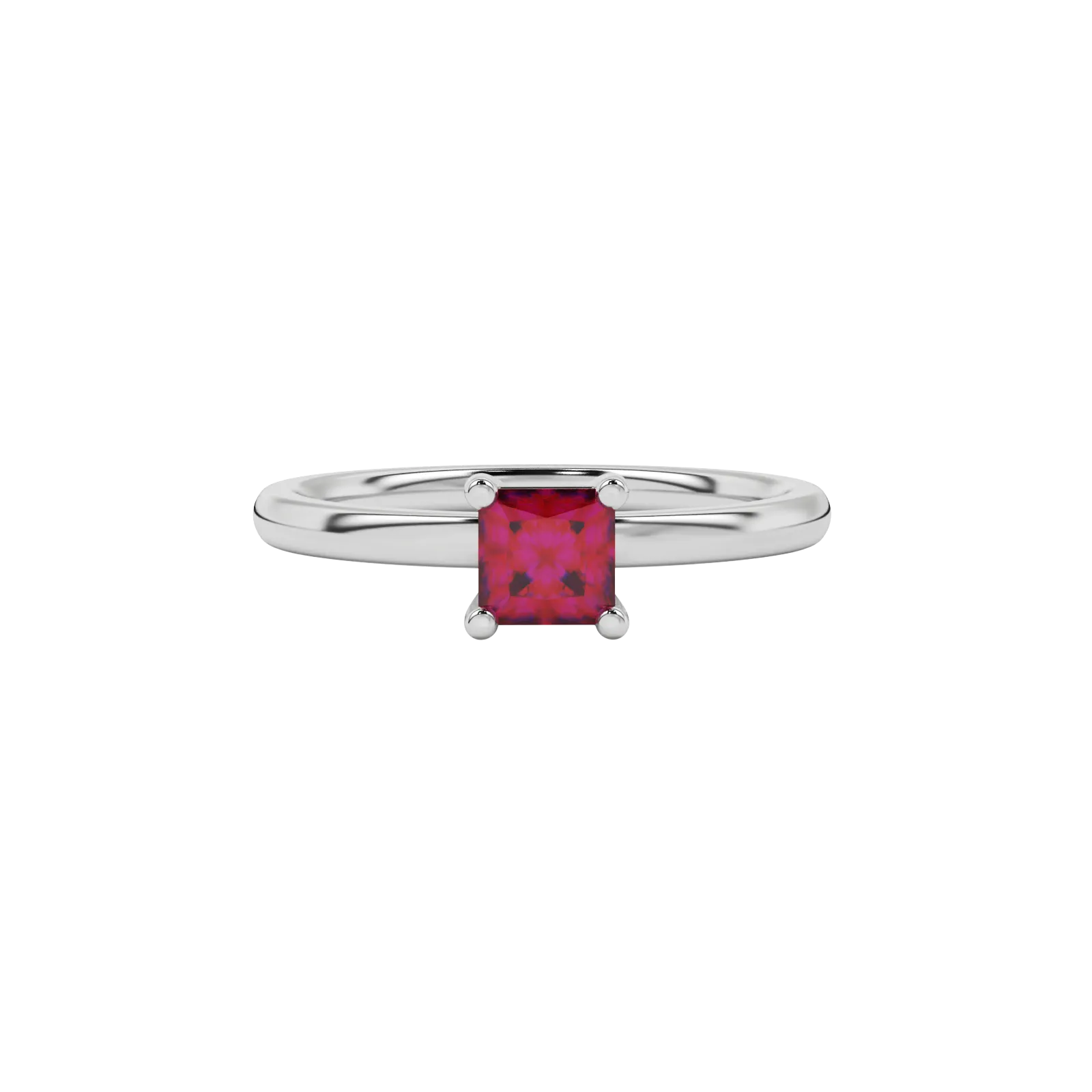 Close-up raspberry red gemstone ring, white gold basket setting.
