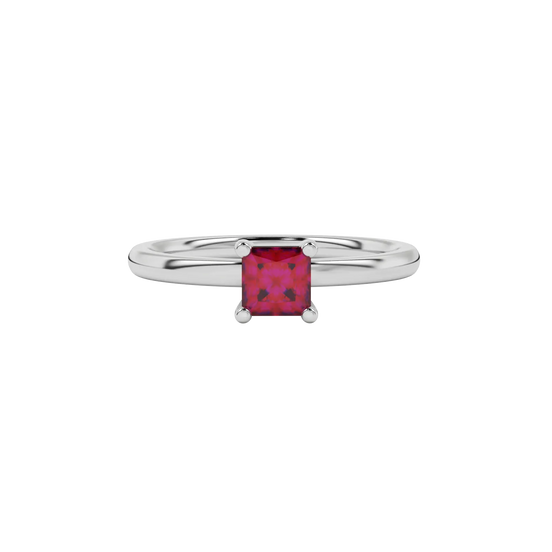 Close-up raspberry red gemstone ring, white gold basket setting.