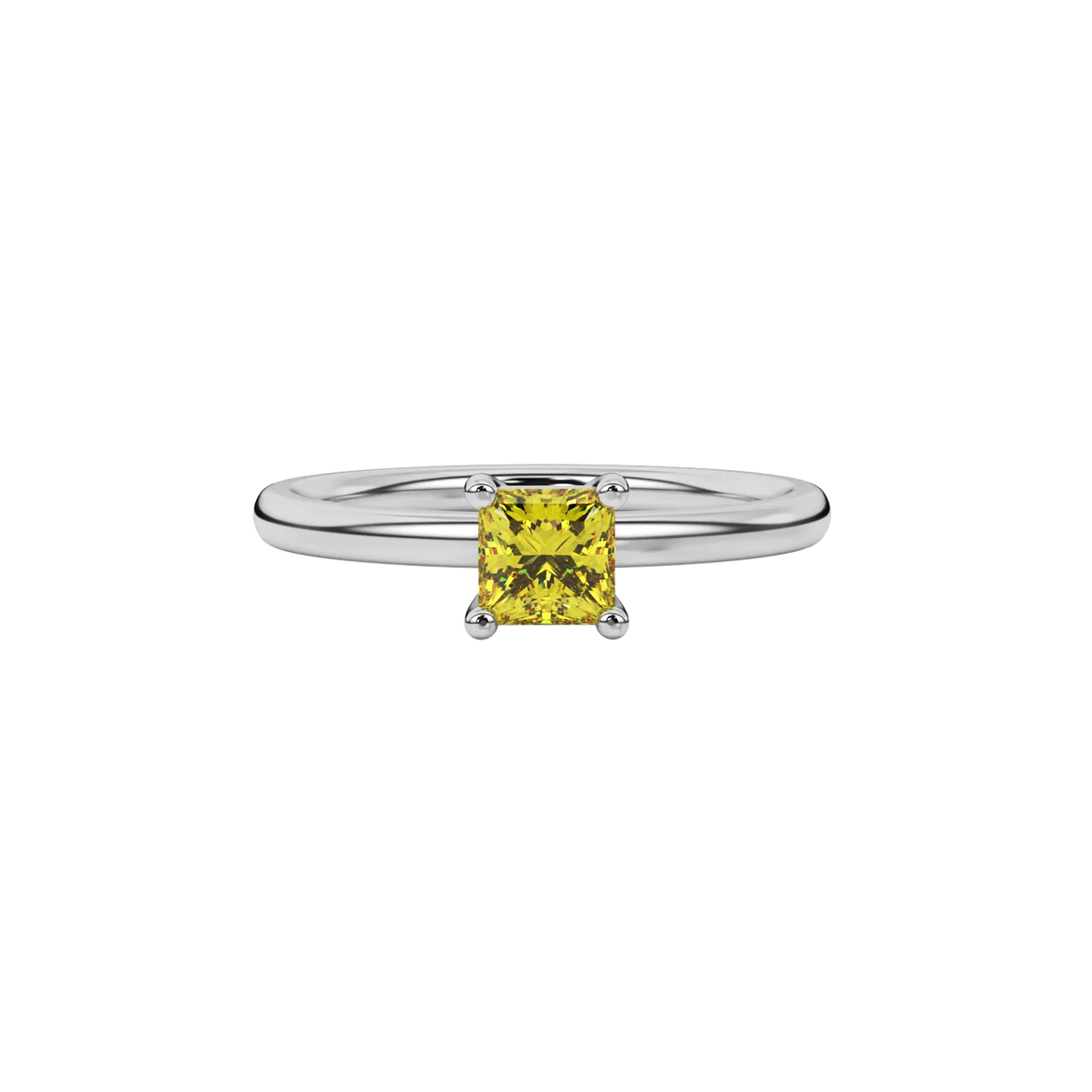 Close-up canary yellow gemstone ring, white gold basket setting.