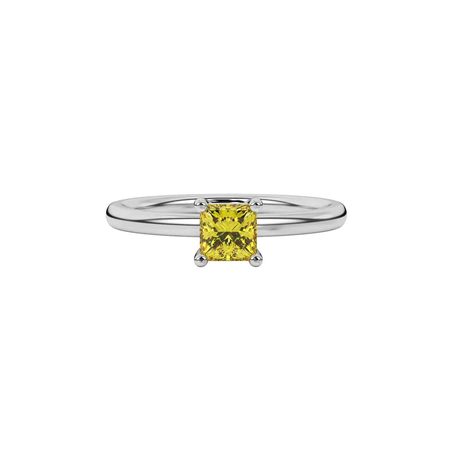 Close-up canary yellow gemstone ring, white gold basket setting.